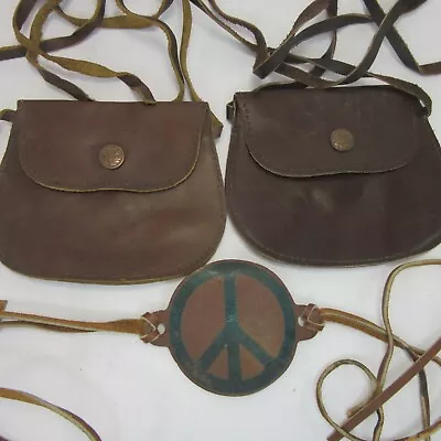 Vintage Leather Armband/headband 1960/1970's PEACE SIGN GROOVY & 2 Pouches Lot • $10