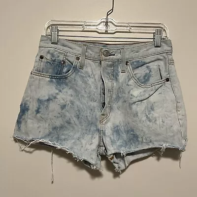 Levi's 501 Light Wash Blue Acid Wash Tie Dye Cut Off Button Fly Jean Shorts 28 • £19.46