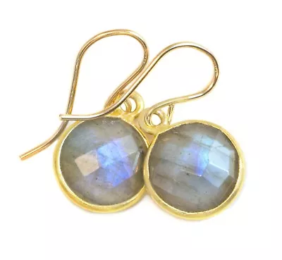 Labradorite Earrings Blue Simple Round Faceted Bezel Drops 14k Gold Sterling • $39