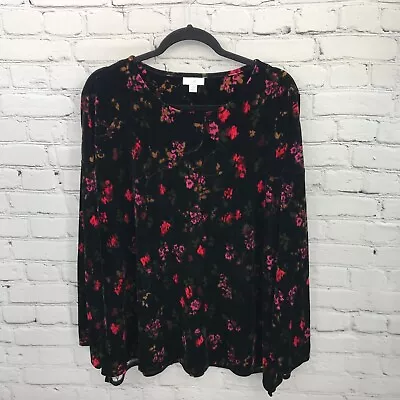 J Jill Top Womens 3X Black Floral Velvet Long Sleeve Casual Soft Basic Blouse • $32.99