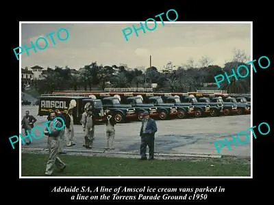 Old Postcard Size Photo Of Adelaide Sa Line Up Of Amscol Ice Cream Trucks 1950 • $7