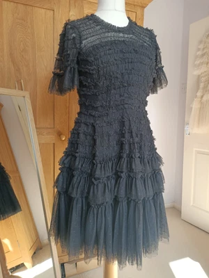 £110 • Buy Needle And Thread Valentine Ruffle Micro Mini Dress Black / Graphite UK 12 BNWT