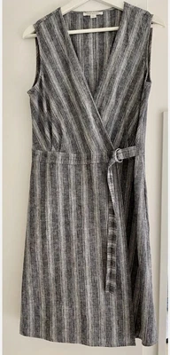 $30 • Buy TRENERY By Country Road Linen Cotton Striped V Neck Wrap Dress Side Pockets Exc
