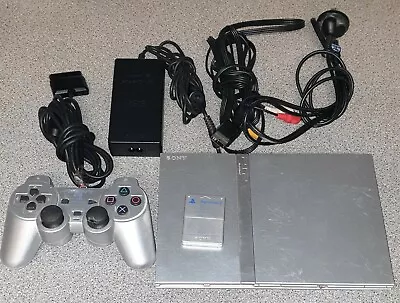 Silver Playstation 2 Slim + 8MB MEMORY Card + Controller (See Pics) SCPH-77002 • $119.99