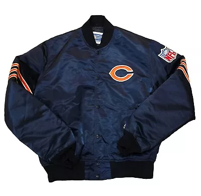 Vintage Chicago Bears Starter Satin Bomber Jacket Adult L Blue Quilt Lined USA • $69.99