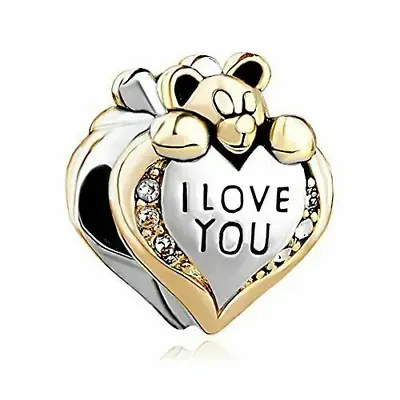 I Love You Charm Bead Heart Teddy Bear Crystal Pandora Bracelet Valentine's Day • £10.49