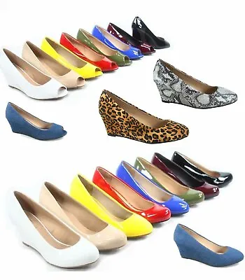 Women's Patent Round Open  Toe Low Wedge Platform Low Heel Shoes Size 5-10 NEW • $38.99