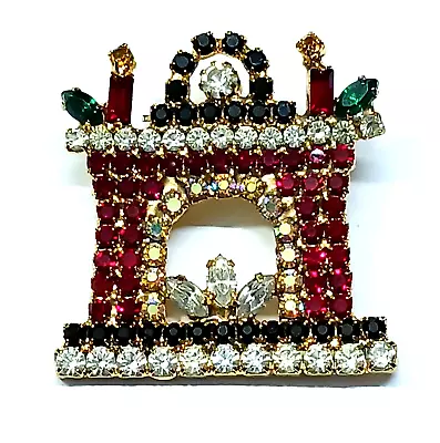 Vintage Rhinestone Christmas Brooch Fireplace Mantle Clock Candles Holiday Scene • $34.95