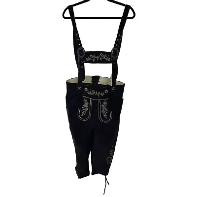 Bavarian Vintage 90s Mens Lederhosen Suspender Size 46 Black Leather Oktoberfest • $80.75