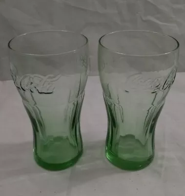 Set Of 2 Vintage Coca Cola Coke Green Glass 16oz Drinking Glasses Tumblers • $22.39