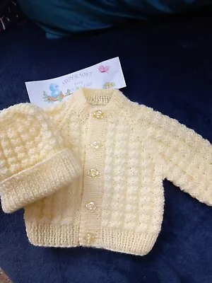 Hand Knitted Baby Cardigan & Hat Set LEMON 0-3months  NEW • £6.50