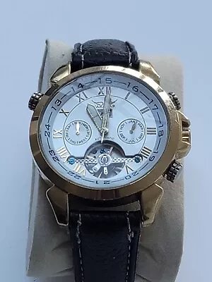 Gents JARAGAR Gold Plated Automatic Day/Month Black Leather Strap Watch • £25