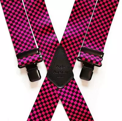 £14.99 • Buy Mens Braces Heavy Duty 1.5  Or 2  Pink Black Chequered Motorbike Ska Black Clips