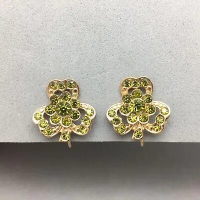 Shamrock Green Rhinestone Earrings Screw Back Gold Tone Vintage Lucky Irish 3/4  • $15.49