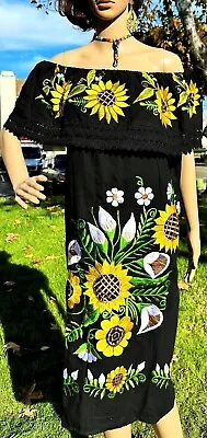 Mexican Peasant Off Shoulder BLACK Dress Sunflowers Embroidered Bohemian Plus Sz • $49.95