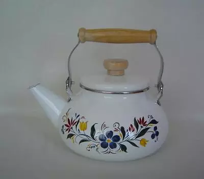 Vintage White FLORAL Enamelware Stovetop Tea Pot Kettle Metal With Wood Handle • $18.97