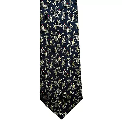 Salvatore Ferragamo Tie Japanese Print Silk Black Necktie Width 3 5/8  • $28.49