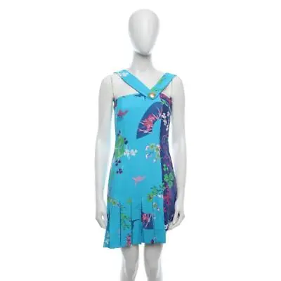 Versace X H&M Party Dress Sleeveless 36 Short Blue Gold Button Floral Grass Pink • $226.07