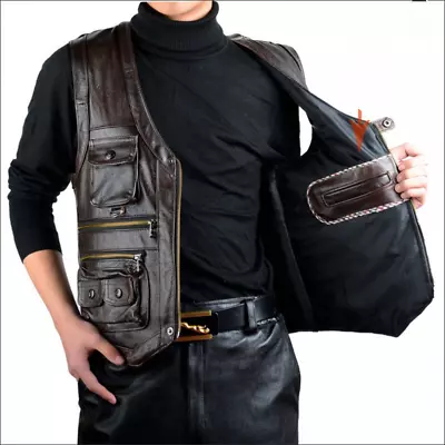 Men's Waistcoat Hunter Fishing Vest Sleeveless Leather Gilet Casual Jacket • $53.98