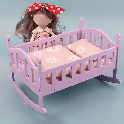 High Simulation Baby Doll Bed Wooden Furniture With Bedding Set Miniature Crib • £11.92