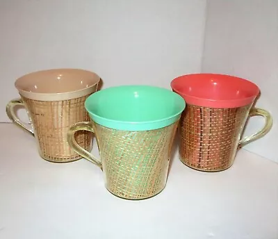 Vintage MCM Raffiaware Thermo-Temp Cups Mugs Plastic Raffia Weave Insulated Tiki • $12.95