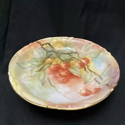 J P L Jean Pouyat Limoges France Pedestal Bowl Plate Hand Painted Cherries • $48