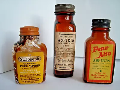 Vintage Aspirin Bottles St. Joseph Penn-Alto Lot Of 3 Glass Medicinal • $23.99