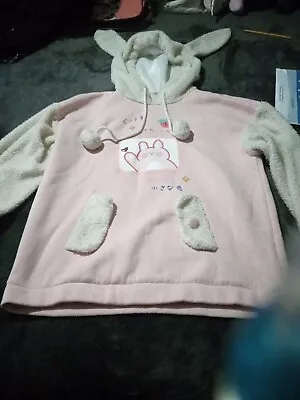 JUVKAWAII~  PLUSH RABBIT EARED HOODIE-JK-3385 - PINK AND FUZZY WHITE Size Large • $29.99