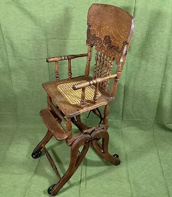 Antique Wooden Oak Cane Convertible Mechanical Baby High Chair & Rocker Vintage • $254.96