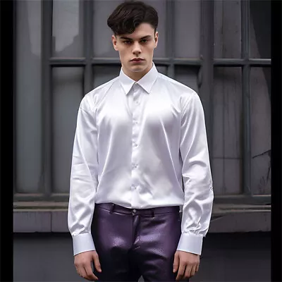 Men's Shiny Satin Dress Shirts Long Sleeve Button Down Silk Shirt Autumn • £22.49