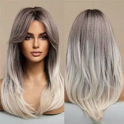 Long Dark Root Ombre Highlights Blonde Hair Wigs With Bangs For Women Hairpiece • £17.87