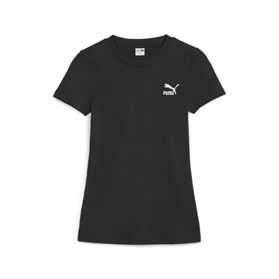 Puma Classics Ribbed Slim Logo Crew Neck Short Sleeve T-Shirt Womens Black Casua • $14.99