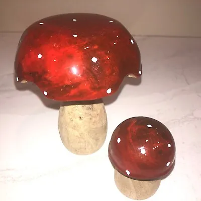 Pair Of Handcrafted Solid Wood Mushroom/toadstool Sculptures With Red Stain Tops • $19.99