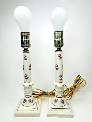 Porcelain Candlestick Vintage Table Dresser Top Set Gold Trim And Roses 12 .5” • $32