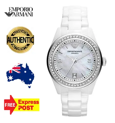 Emporio Armani Ceramica Ar1426 Mother Of Pearl White/silver/crystal Ladies Watch • $279.99
