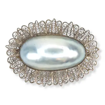 Vintage Sterling Silver 925 Blister Pearl Filagree Brooch Pin • $84.99
