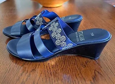 New Women's Sandals Size 7.5 Navy Wedgeheel Embellished Italian Shoemakers Italy • $24.99
