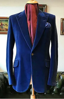 Mens Blue Velvet Smoking Jacket Handmade Evening Party Wear Dinner Blazer Coat • £160.92