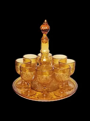 Vintage Indiana Glass Decanter Set~Tiara Amber~8 Cordial/Wine Glasses & Tray  • $89.99