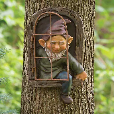 Garden Gnome Statue Elf Out The Door Tree Hugger Art Sculpture Resin Decor Craft • $21.19