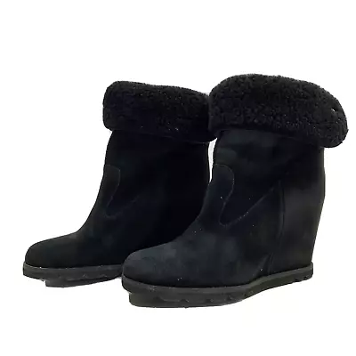 UGG Australia Kyra Genuine Shearling Wedge Heel Ankle Boots Black Suede Size 8.5 • $125