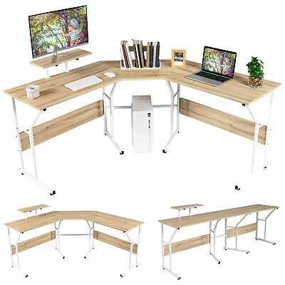 L-shaped Reversible Computer Desk Long Table For 2 Person Monitor Stand Oak • $99