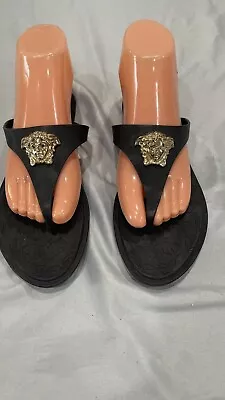 Versace Women’s Sandals Medusa Black & Gold Flip Flops Womans 39.5 • $99