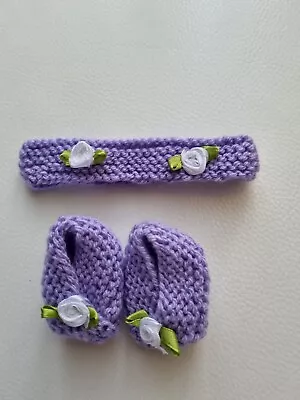 Hand Knitted Dolls Baby Born Shoes And Headband Set Lilac  New • £2