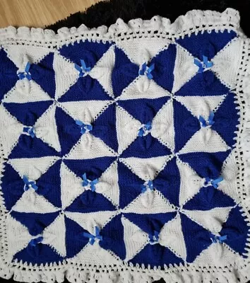 Hand Knitted White And Blue Baby Blanket Leaf Effect  Approx 25inch X 25inch New • £12.50