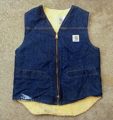 $40 • Buy Vintage 80's Carhartt Denim Sherpa Vest Made In USA Men's Size Medium
