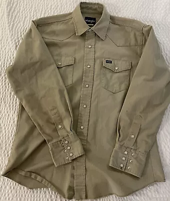 Wrangler Vintage Distressed Twill Pearl Snap Western Cut Work Shirt In Khaki L • $38