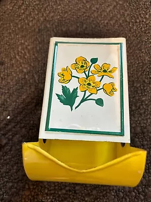 Vintage 1940s Metal Tin Enamelware Matchbox Stick Holder Yellow Flowers • $9.99