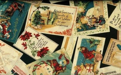 'christmas Emporium' Tossed Vintage Cards On Black Fabric • $5.50