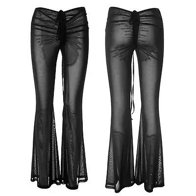 Women's See-Through Mesh Flared Pants Lace-Up Bell-Bottomed Trousers Steampunk • $15.17